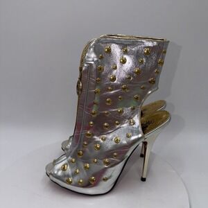 Apple Bottom Silver Metallic Studded Peep-Toe Stiletto Ankle Booties Y2K Sz 6.5